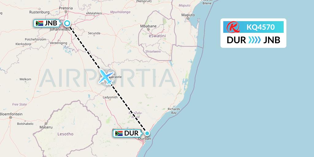 KQ4570 Kenya Airways Flight Map: Durban to Johannesburg