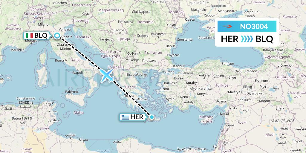 NO3004 Neos Flight Map: Heraklion to Bologna