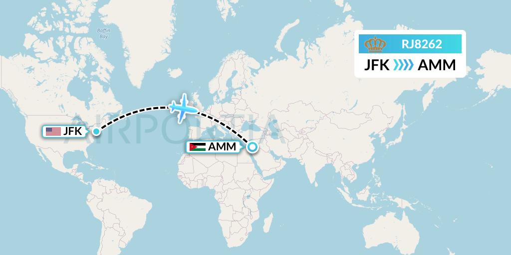 RJ8262 Royal Jordanian Flight Map: New York to Amman