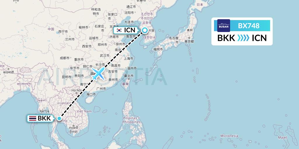 BX748 Air Busan Flight Map: Bangkok to Seoul