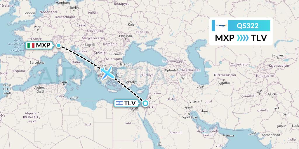 QS322 Smartwings Flight Map: Milan to Tel Aviv