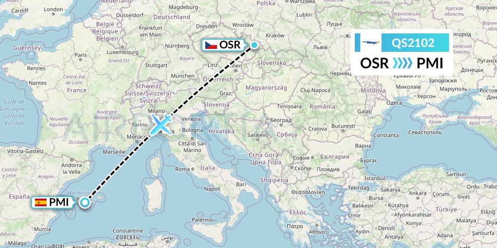 QS2102 Smartwings Flight Map: Ostrava to Palma de Mallorca