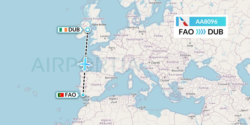 AA8096 American Airlines Flight Map: Faro to Dublin