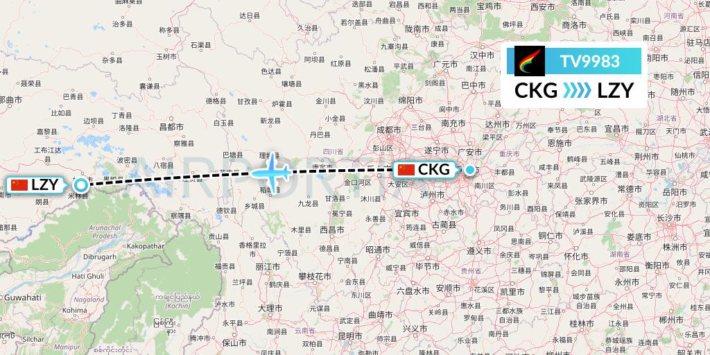 TV9983 Tibet Airlines Flight Map: Chongqing to Nyingchi