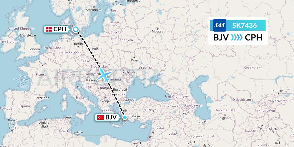 SK7436 SAS Flight Map: Bodrum to Copenhagen