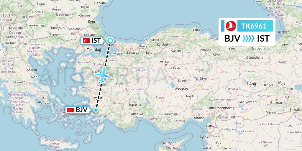 TK6961 Turkish Airlines Flight Map: Bodrum to Istanbul