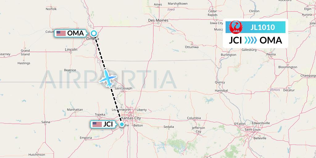 JL1010 Japan Airlines Flight Map: Olathe to Omaha