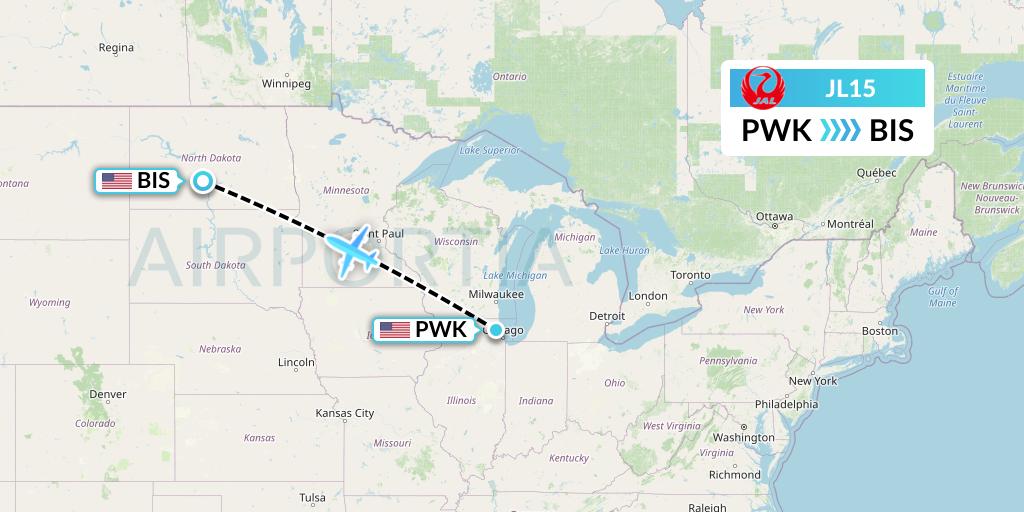 JL15 Japan Airlines Flight Map: Chicago to Bismarck
