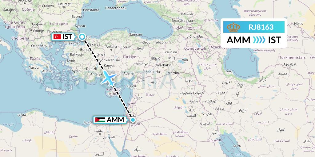 RJ8163 Royal Jordanian Flight Map: Amman to Istanbul