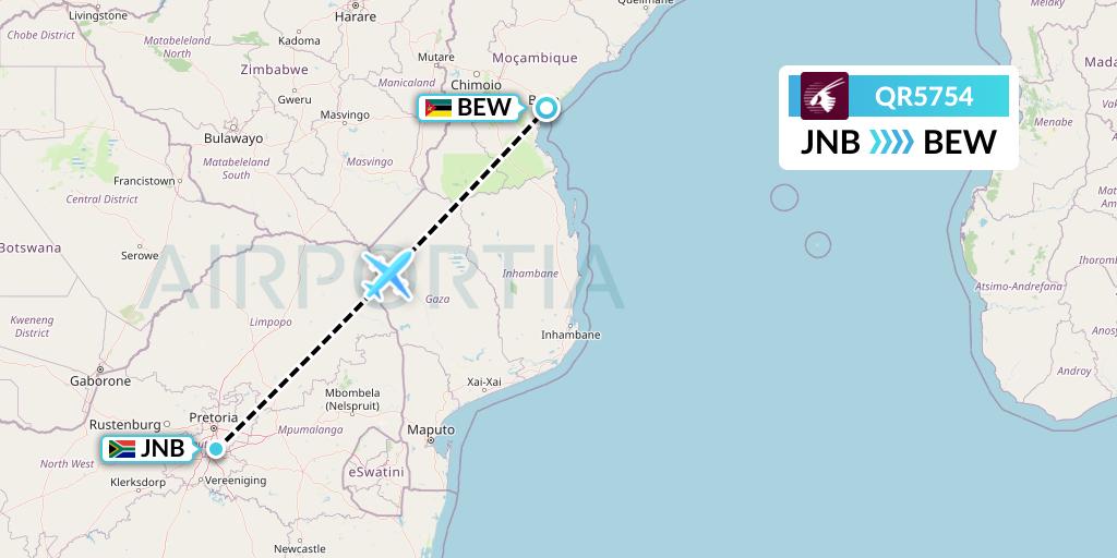 QR5754 Qatar Airways Flight Map: Johannesburg to Beira