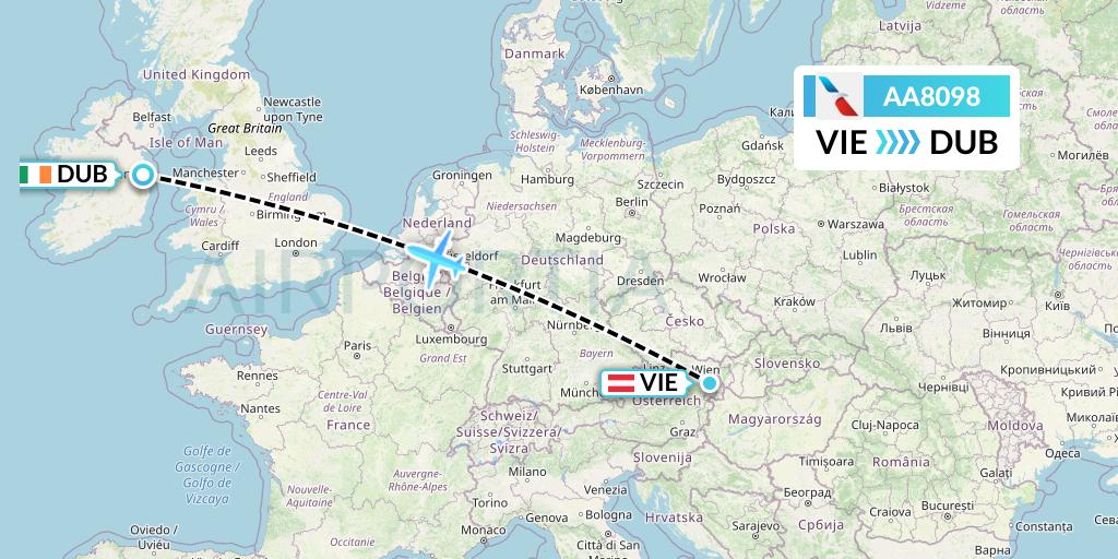 AA8098 American Airlines Flight Map: Vienna to Dublin