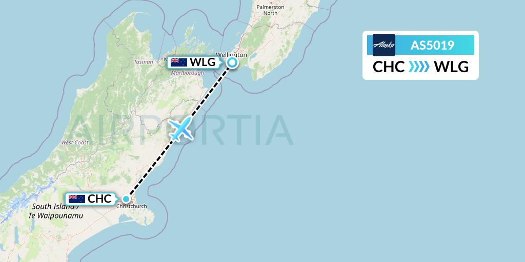 AS5019 Alaska Airlines Flight Map: Christchurch to Wellington