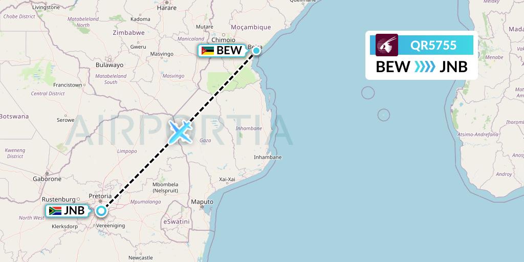 QR5755 Qatar Airways Flight Map: Beira to Johannesburg