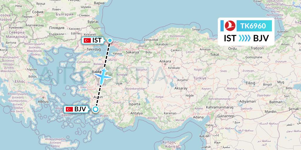 TK6960 Turkish Airlines Flight Map: Istanbul to Bodrum