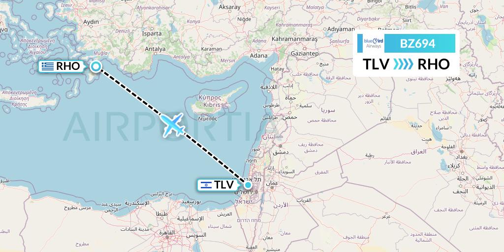 BZ694 Bluebird Airways Flight Map: Tel Aviv to Rhodes