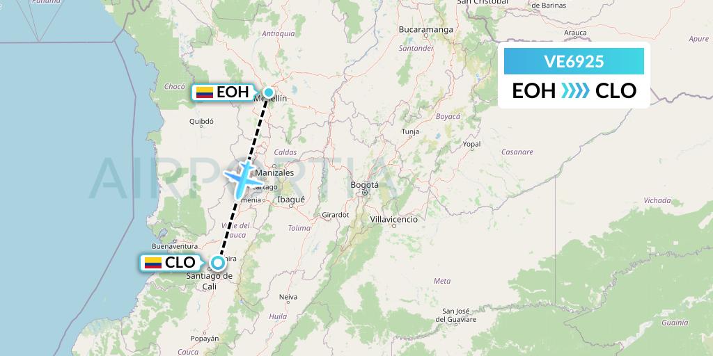 VE6925 Easyfly Flight Map: Medellin to Cali