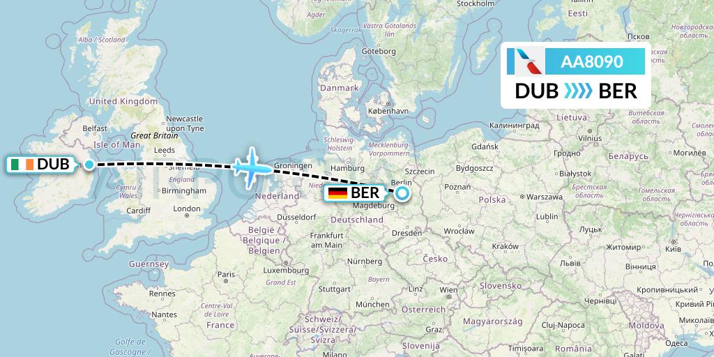 AA8090 American Airlines Flight Map: Dublin to Berlin