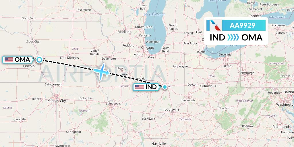 AA9929 American Airlines Flight Map: Indianapolis to Omaha