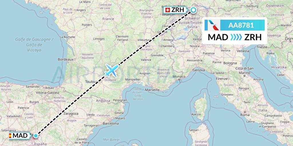 AA8781 American Airlines Flight Map: Madrid to Zurich