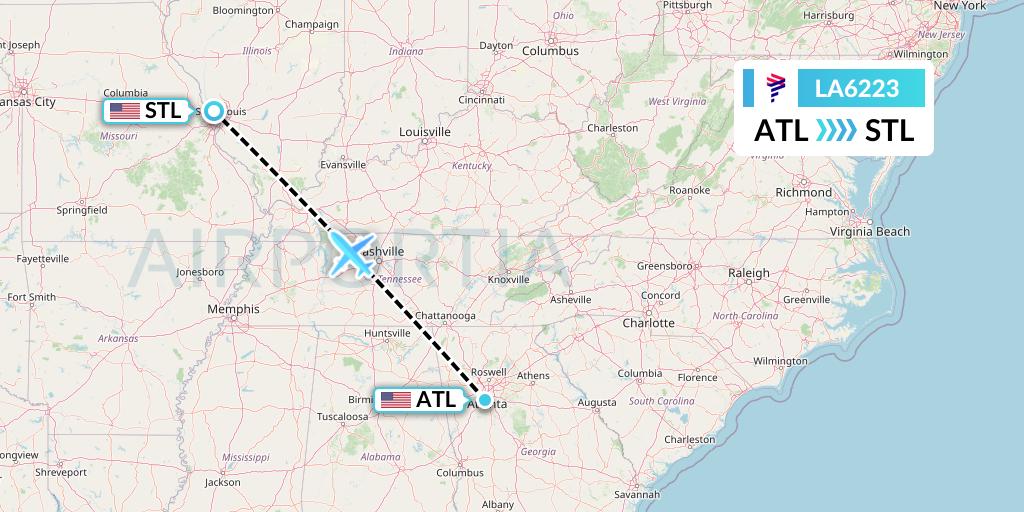 LA6223 LAN Airlines Flight Map: Atlanta to St. Louis