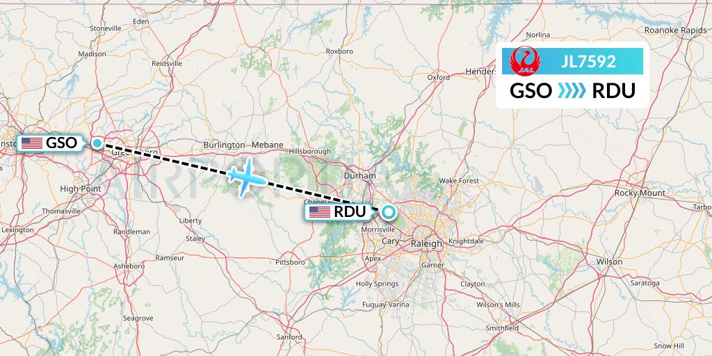 JL7592 Japan Airlines Flight Map: Greensboro to Raleigh-Durham