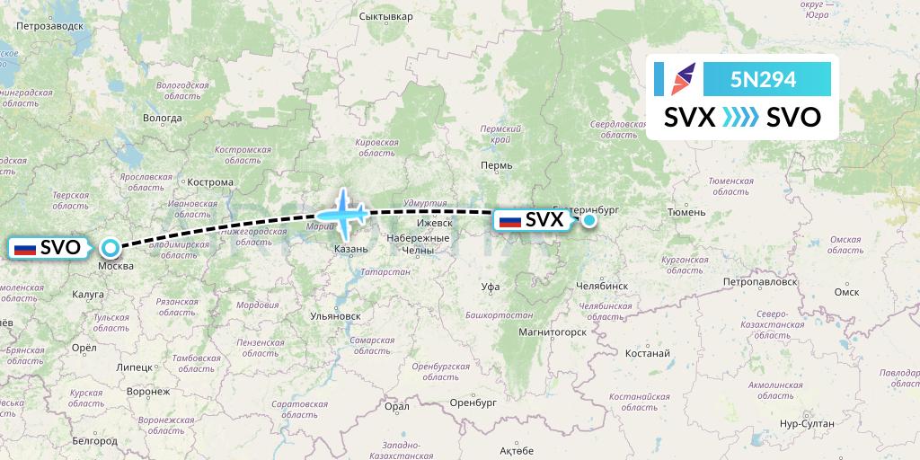 5N294 Nordavia Flight Map: Yekaterinburg to Moscow