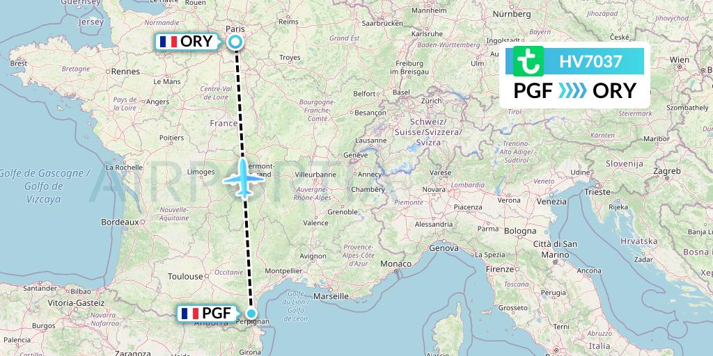 HV7037 Transavia Flight Map: Perpignan to Paris