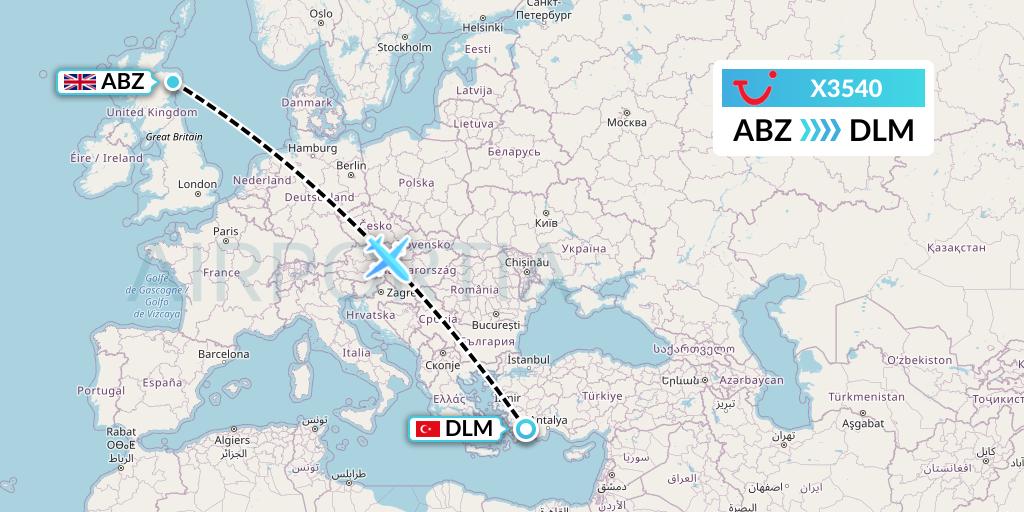 X3540 TUI fly Germany Flight Map: Aberdeen to Dalaman