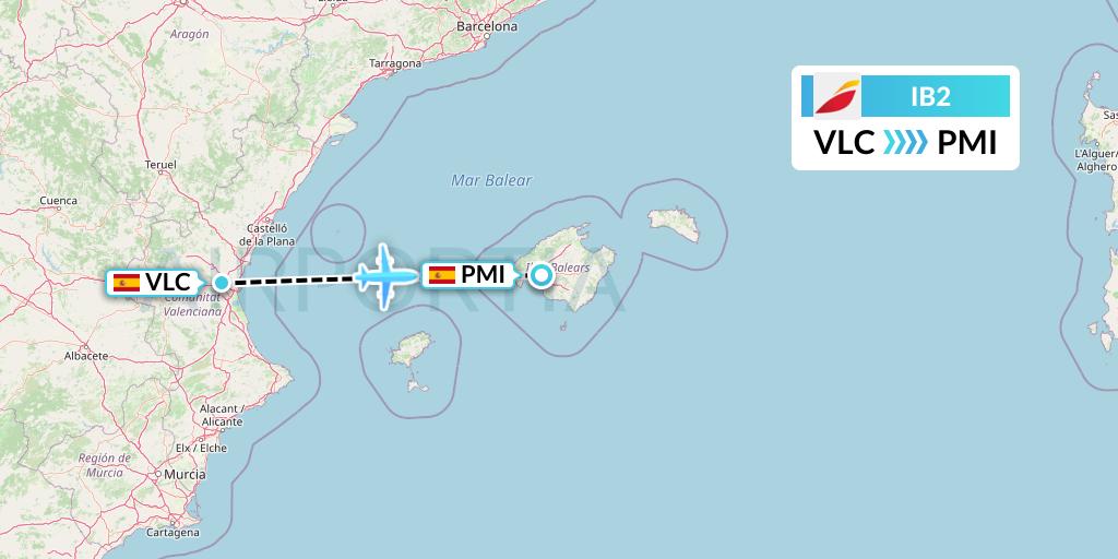 IB2 Iberia Flight Map: Valencia to Palma de Mallorca