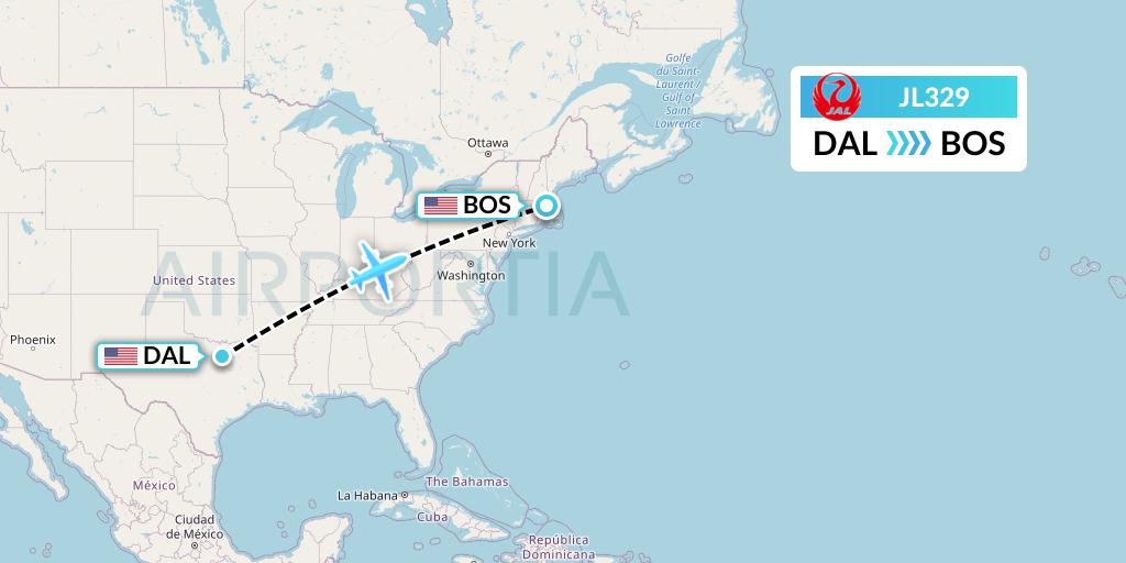 JL329 Japan Airlines Flight Map: Dallas to Boston