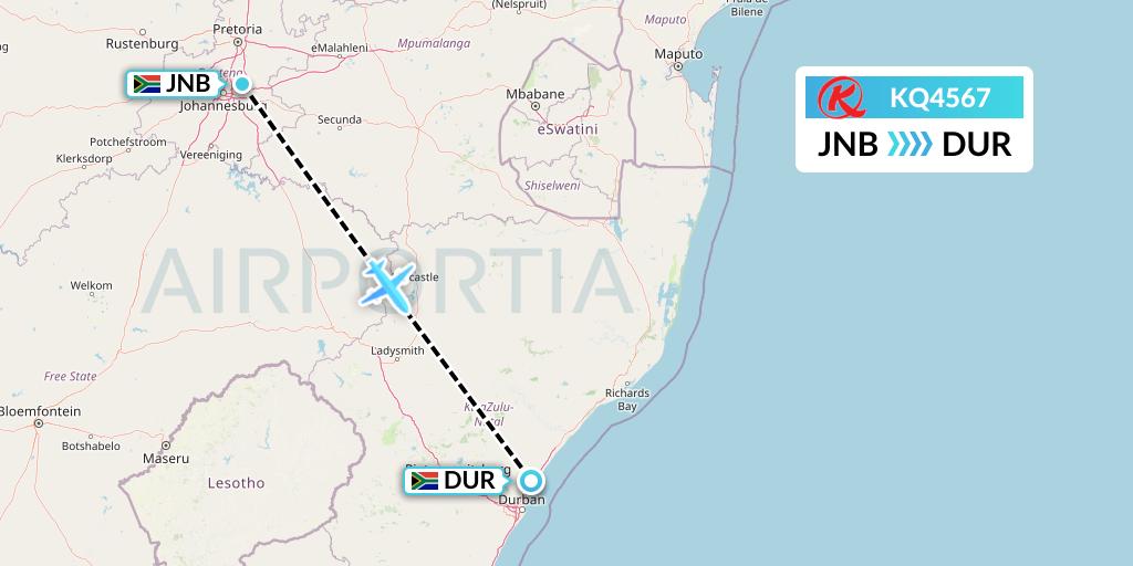 KQ4567 Kenya Airways Flight Map: Johannesburg to Durban