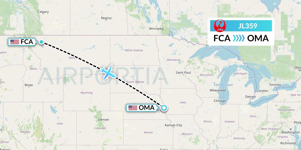 JL359 Japan Airlines Flight Map: Kalispell to Omaha