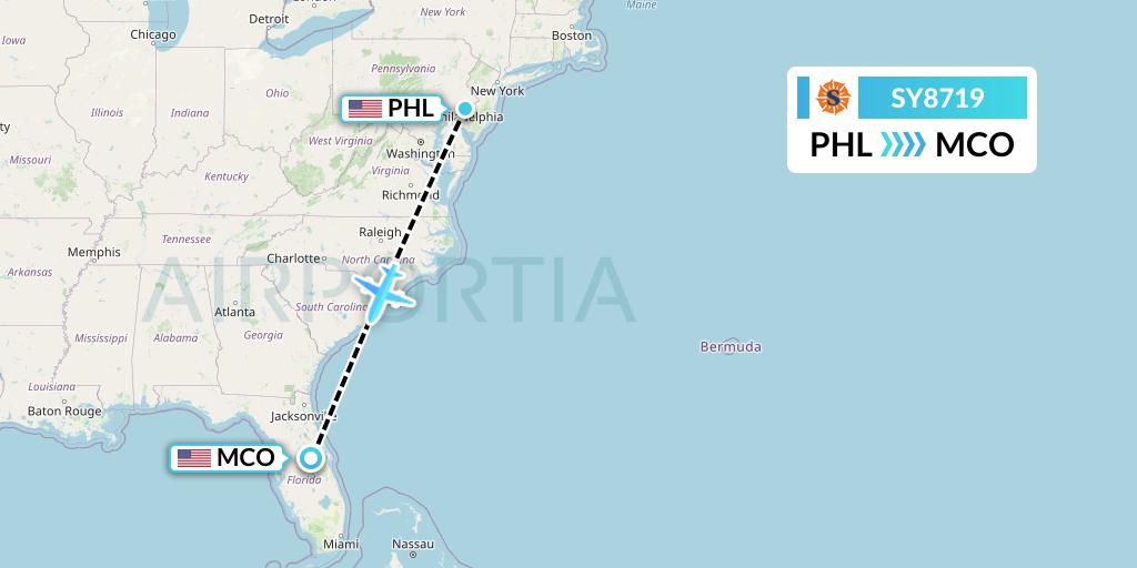 SY8719 Sun Country Airlines Flight Map: Philadelphia to Orlando