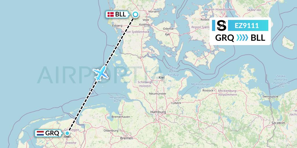 EZ9111 Sun-Air Flight Map: Groningen to Billund
