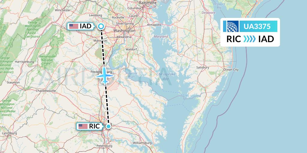 UA3375 United Airlines Flight Map: Richmond to Washington