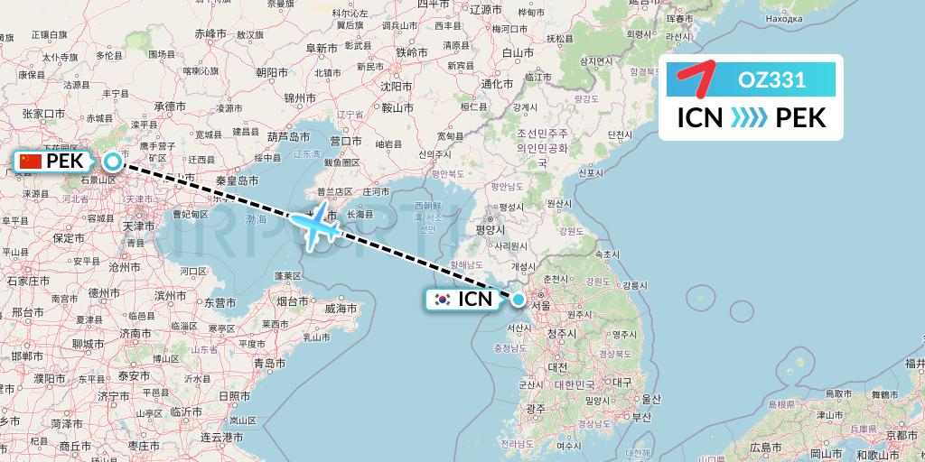 OZ331 Asiana Airlines Flight Map: Seoul to Beijing
