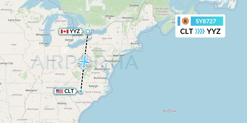 SY8727 Sun Country Airlines Flight Map: Charlotte to Toronto