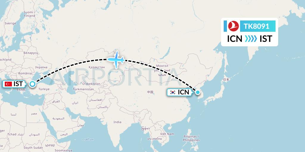 TK8091 Turkish Airlines Flight Map: Seoul to Istanbul