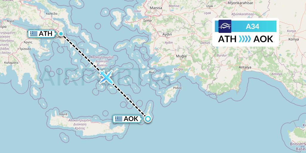 A34 Aegean Airlines Flight Map: Athens to Karpathos