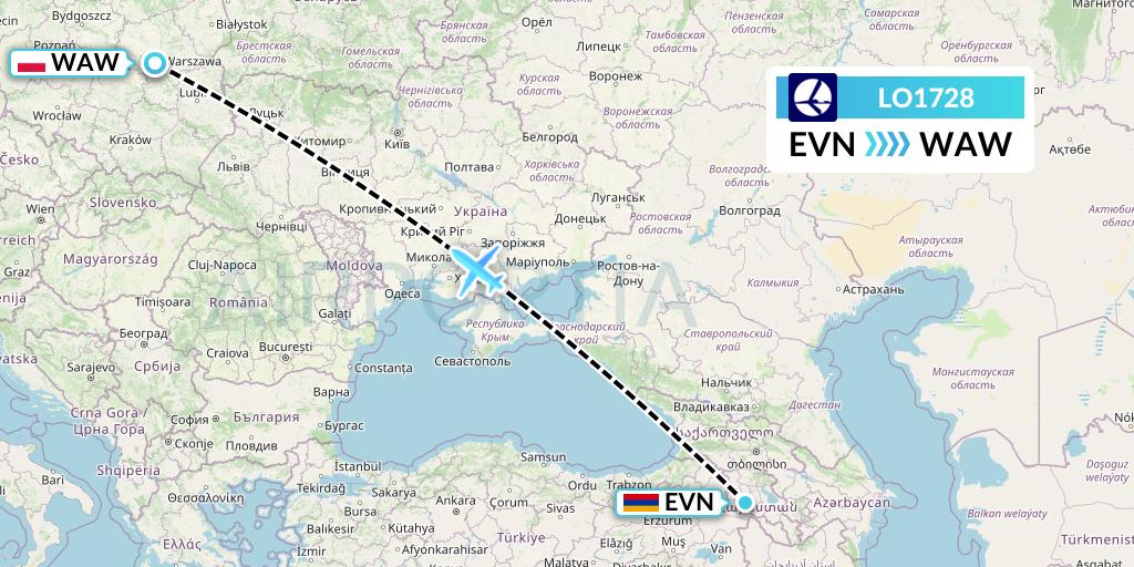 LO1728 LOT Flight Map: Yerevan to Warsaw