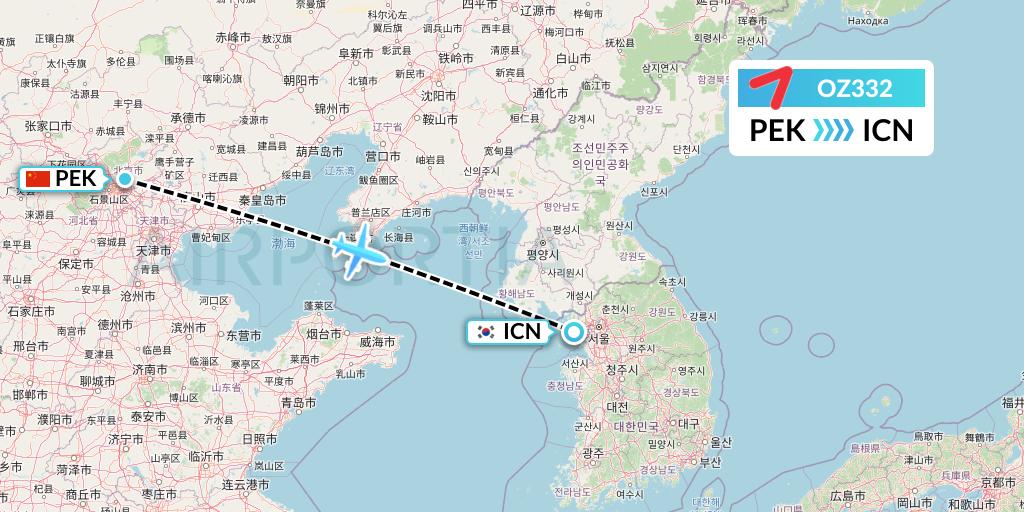 OZ332 Asiana Airlines Flight Map: Beijing to Seoul