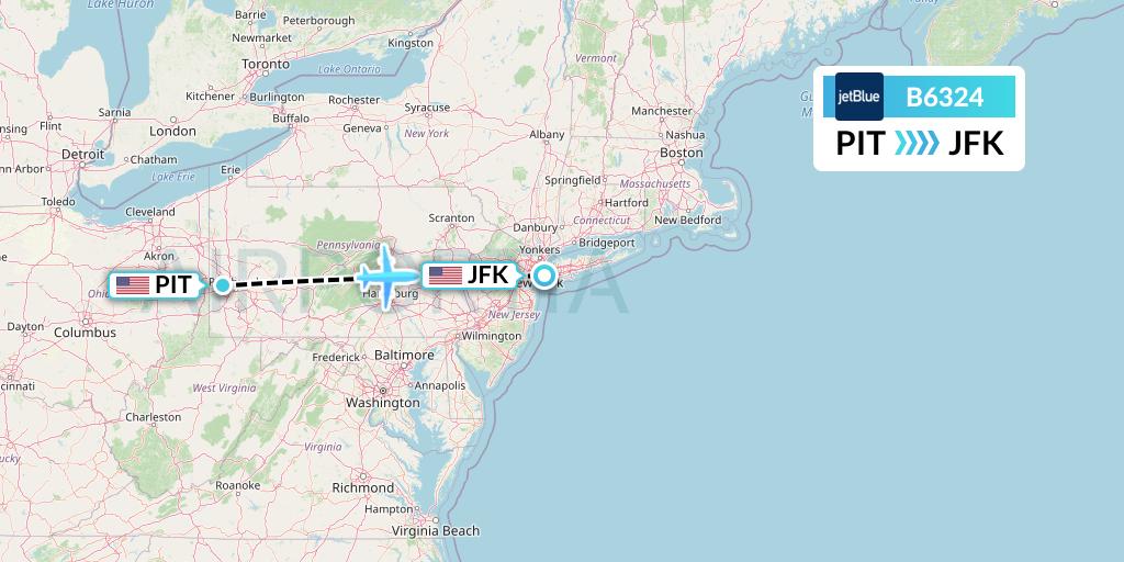B6324 JetBlue Airways Flight Map: Pittsburgh to New York