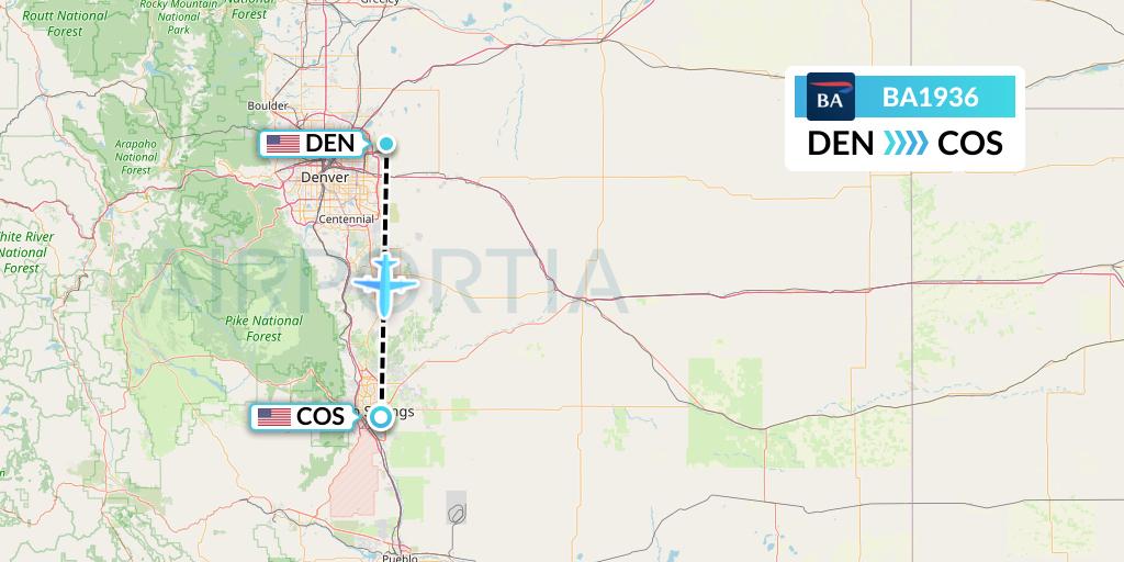 BA1936 British Airways Flight Map: Denver to Colorado Springs