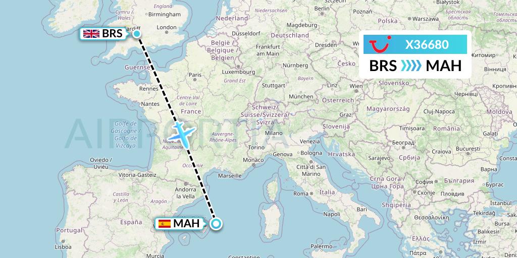 X36680 TUI fly Germany Flight Map: Bristol to Mahon