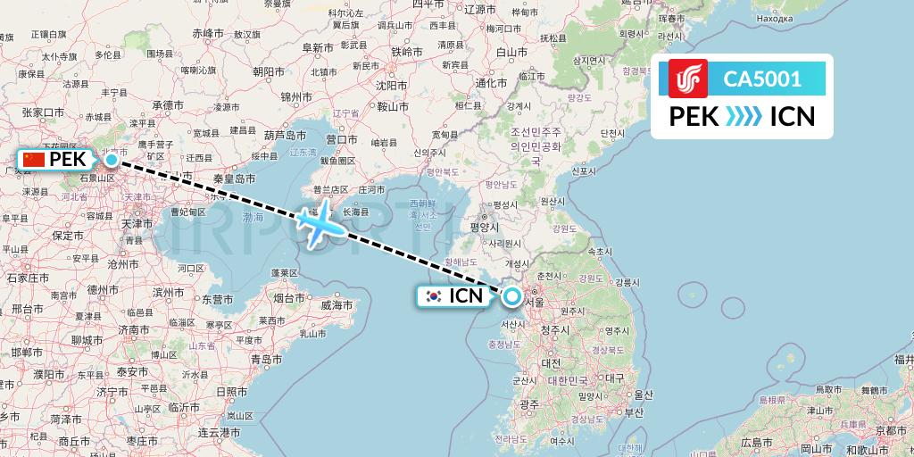 CA5001 Air China Flight Map: Beijing to Seoul