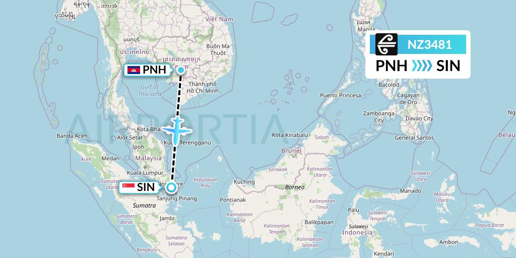 NZ3481 Air New Zealand Flight Map: Phnom Penh to Singapore