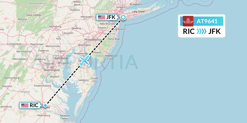 AT9641 Royal Air Maroc Flight Map: Richmond to New York