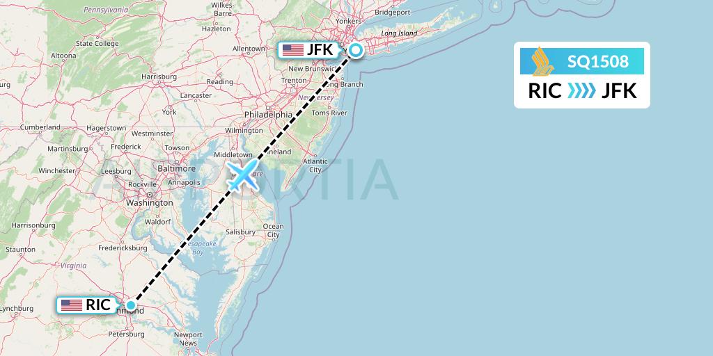 SQ1508 Singapore Airlines Flight Map: Richmond to New York