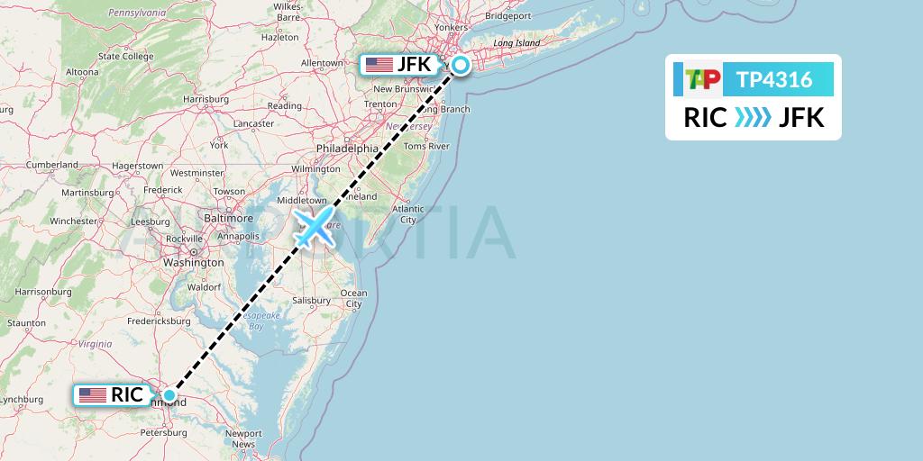 TP4316 TAP Portugal Flight Map: Richmond to New York