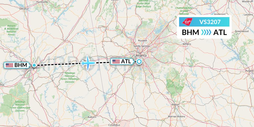 VS3207 Virgin Atlantic Airways Flight Map: Birmingham to Atlanta
